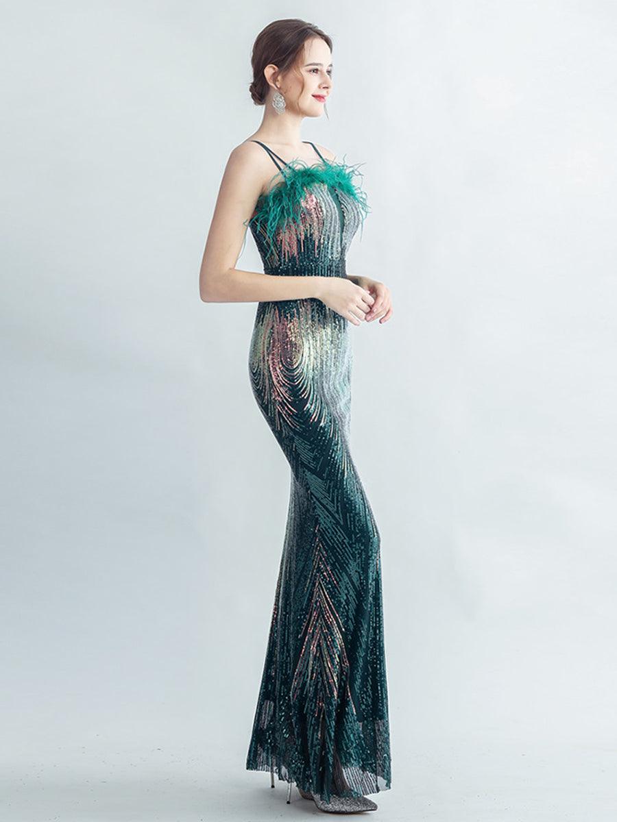 Spaghetti Straps Feather Gradient Sequin Dress