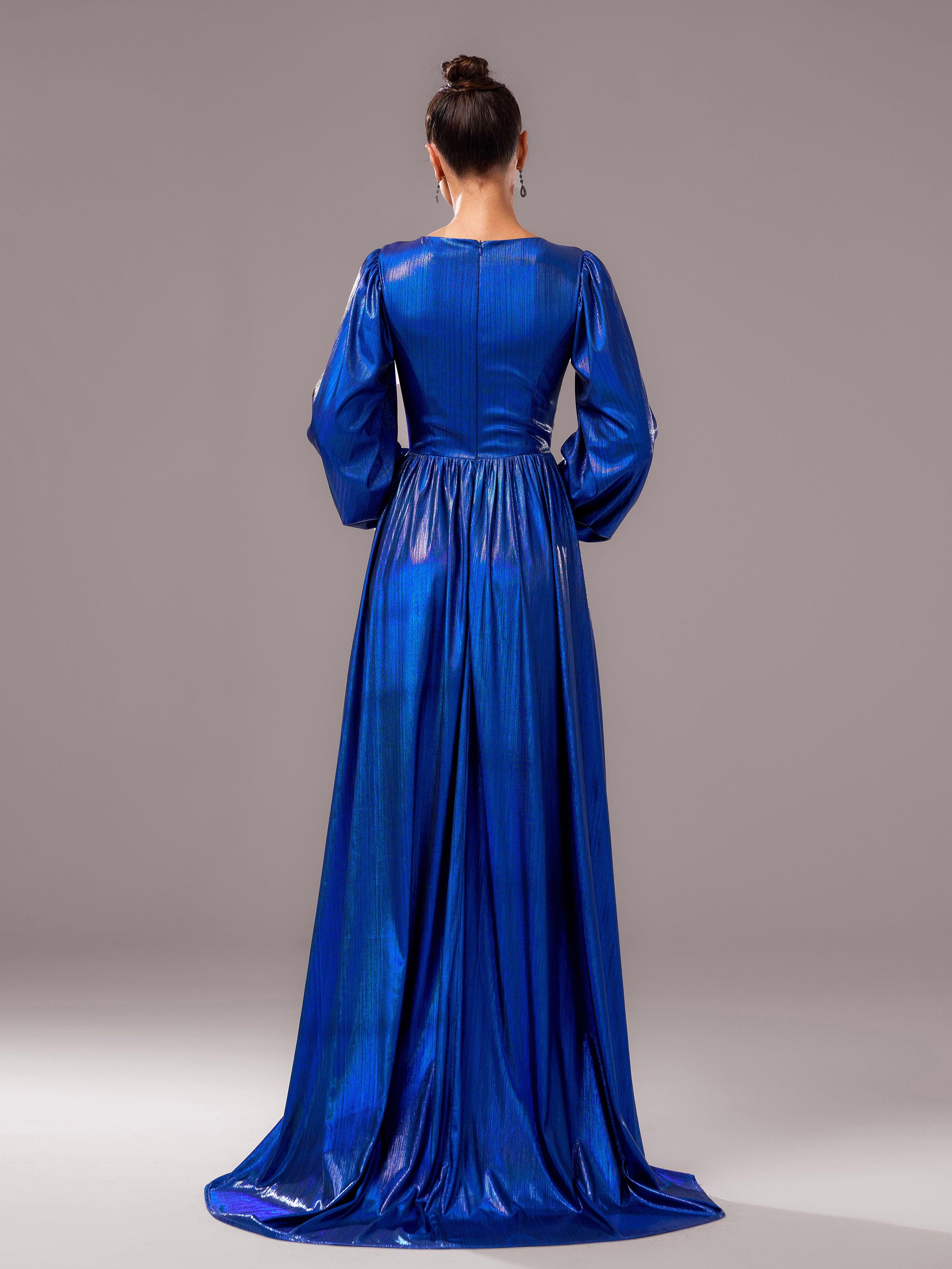 Blue V-neck Long Sleeve A-line Prom Dress