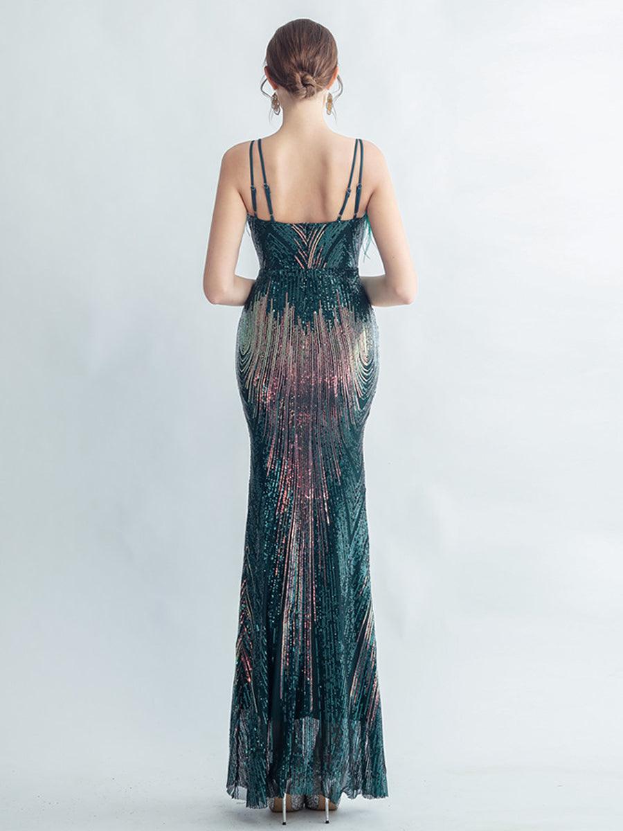 Spaghetti Straps Feather Gradient Sequin Dress