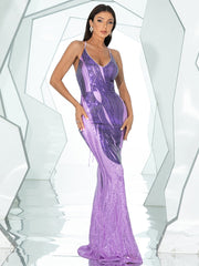 Formal Lace Up Purple Sequin Mermaid Dress