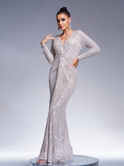 Long Sleeve Backless Sequin Dress