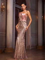 Strapless Colorblock  Mermaid Sequin Formal Dress With Belt