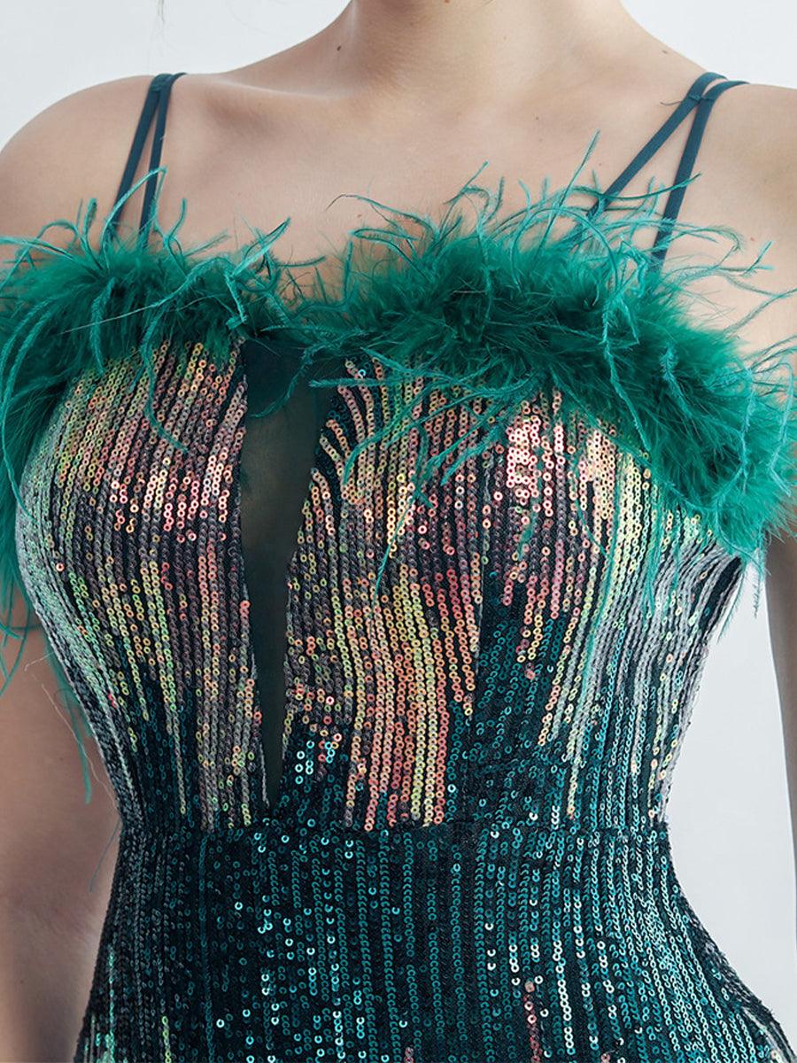 Spaghetti Straps Feather Gradient Sequin Dress