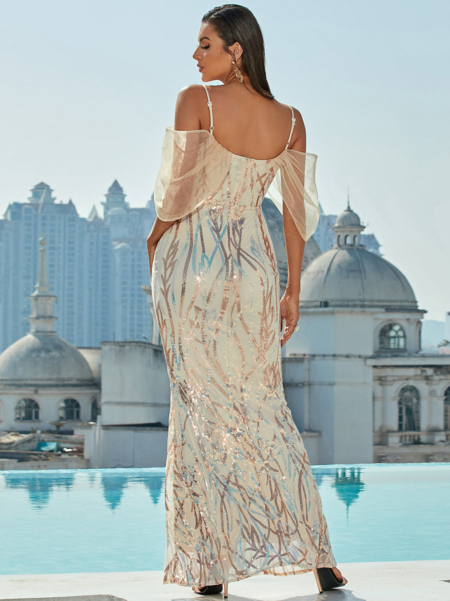 Cold Shoulder Sequin Graphic Prom Dress