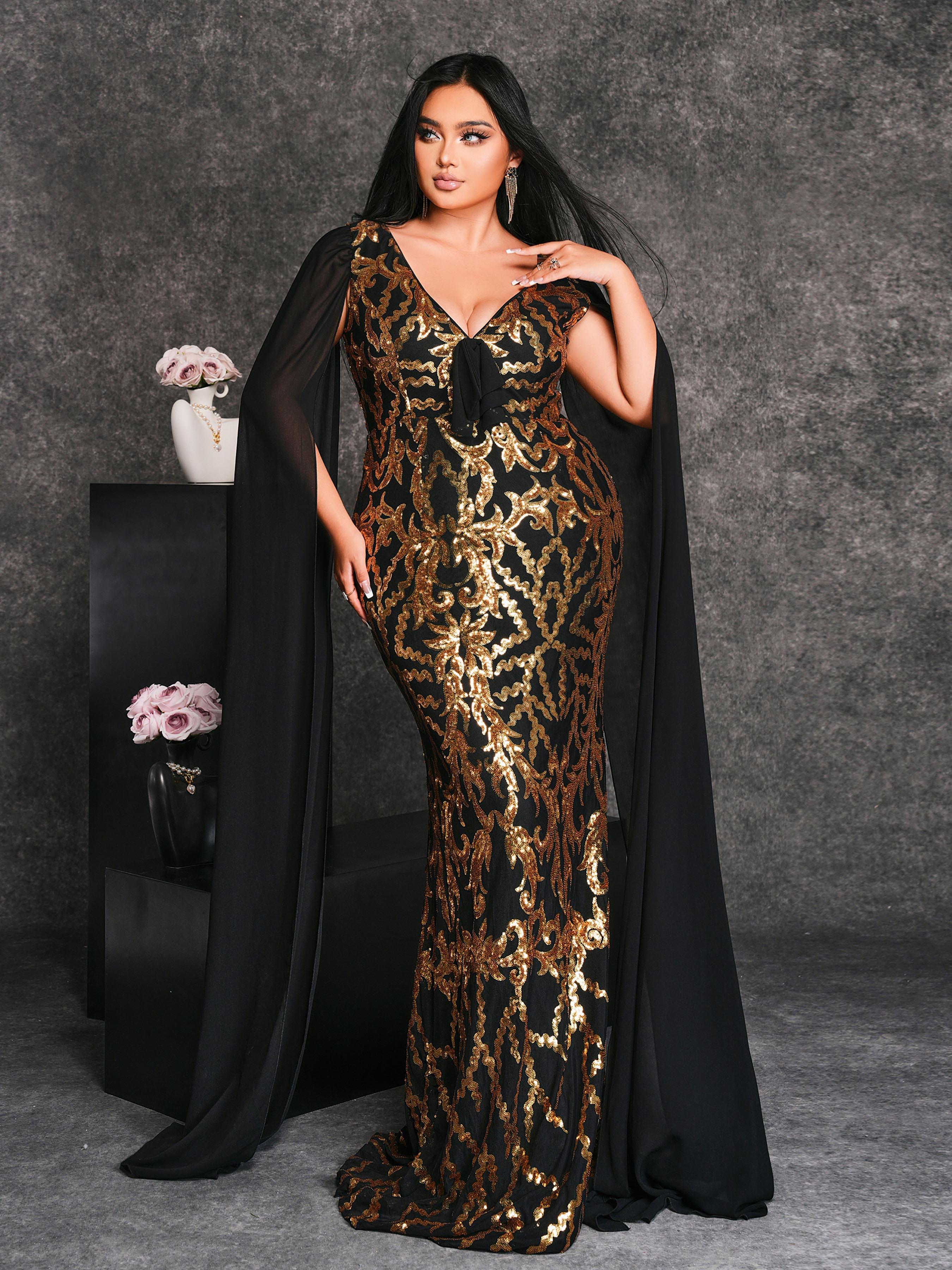 Plus V-neck Cape Sleeve Formal Dress