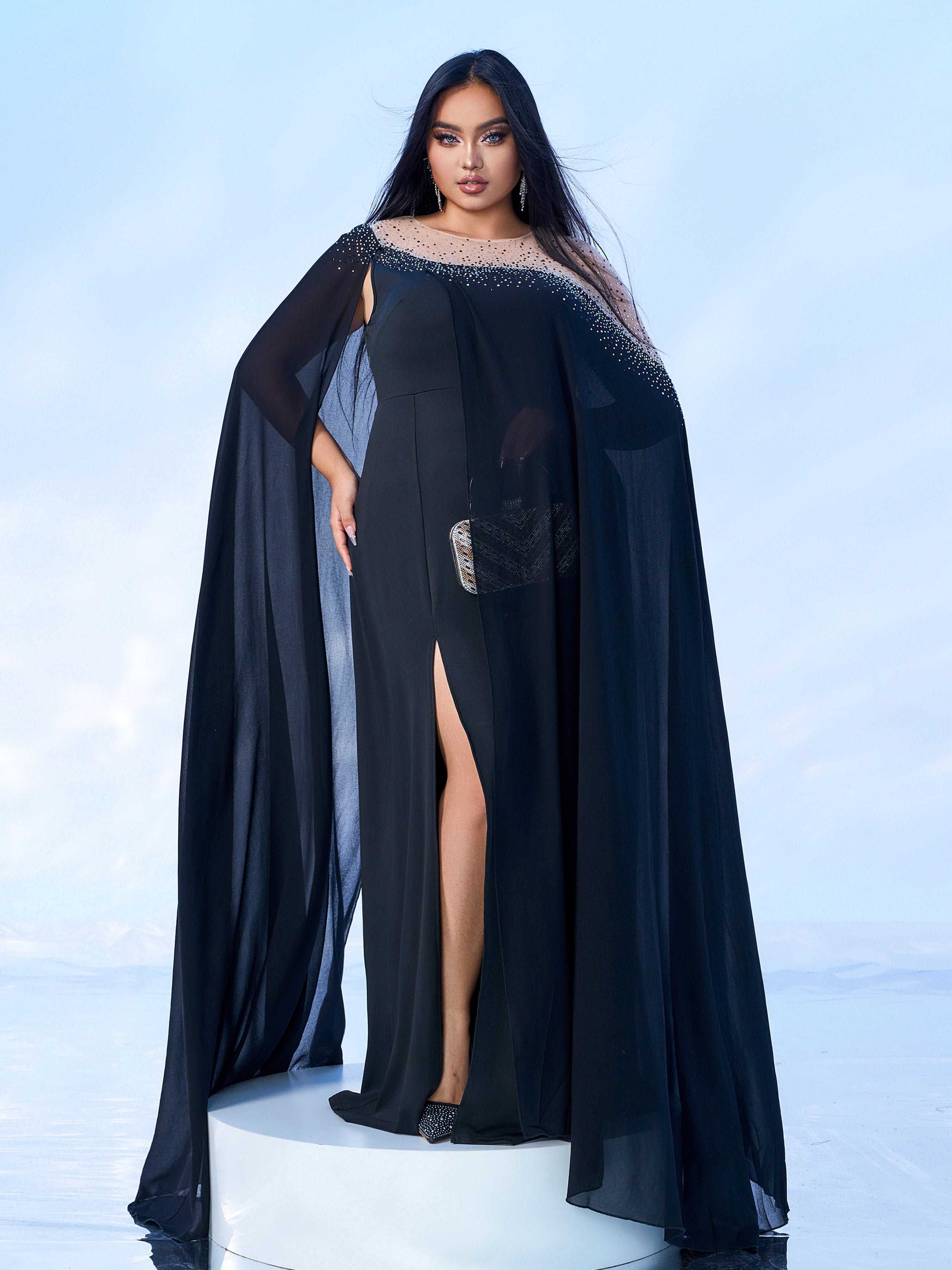 Plus Cape Sleeve Chiffon Split Dress