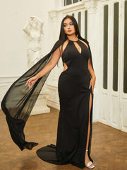 Plus Cutout Halter Split Black Prom Dress