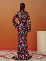 Vintage Floral Sequin Split Formal Dress