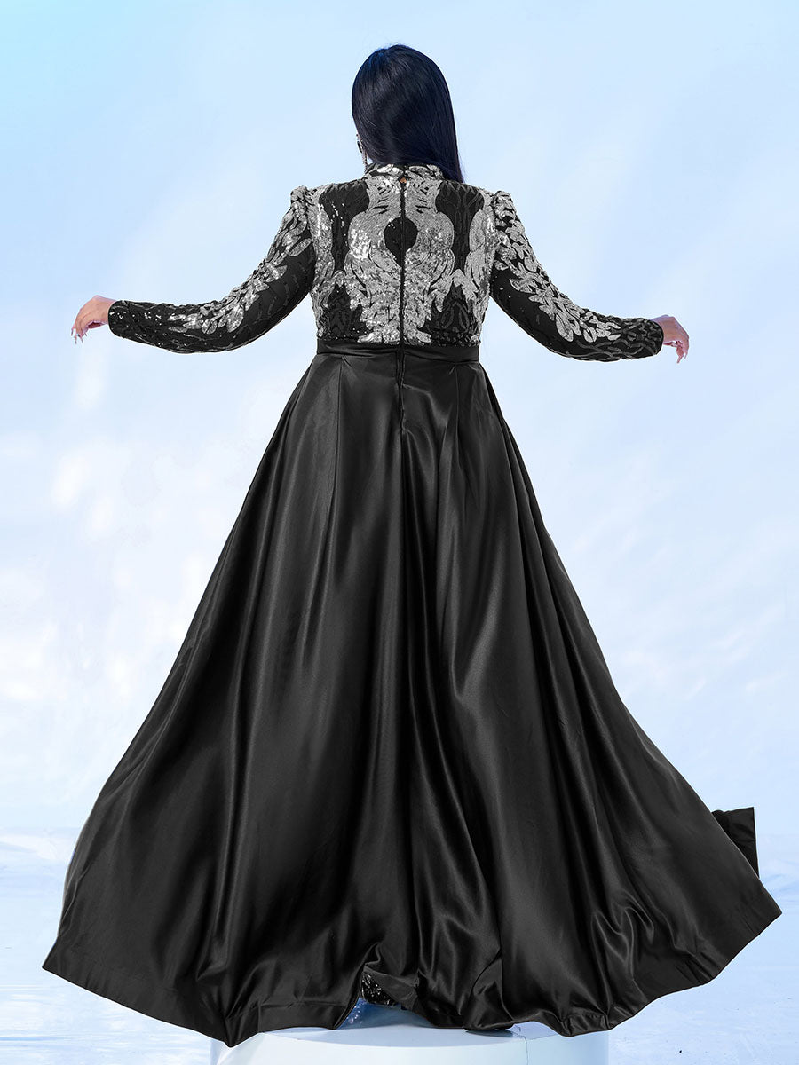 Stand Collar Fold Satin Sequin Dress