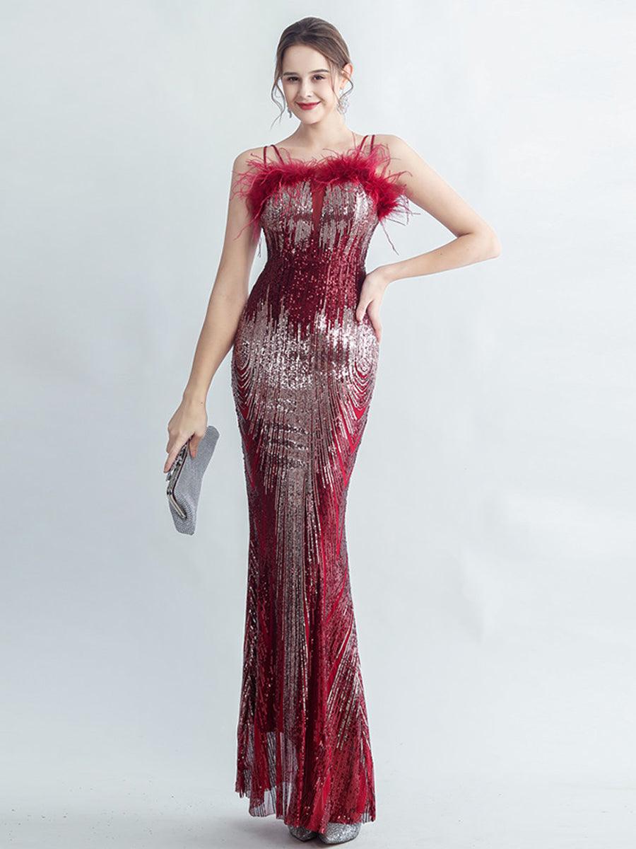 Spaghetti Straps Feather Gradient Sequin Dress