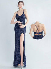 Spaghetti Cross Back Sequin Split Cocktail Dress