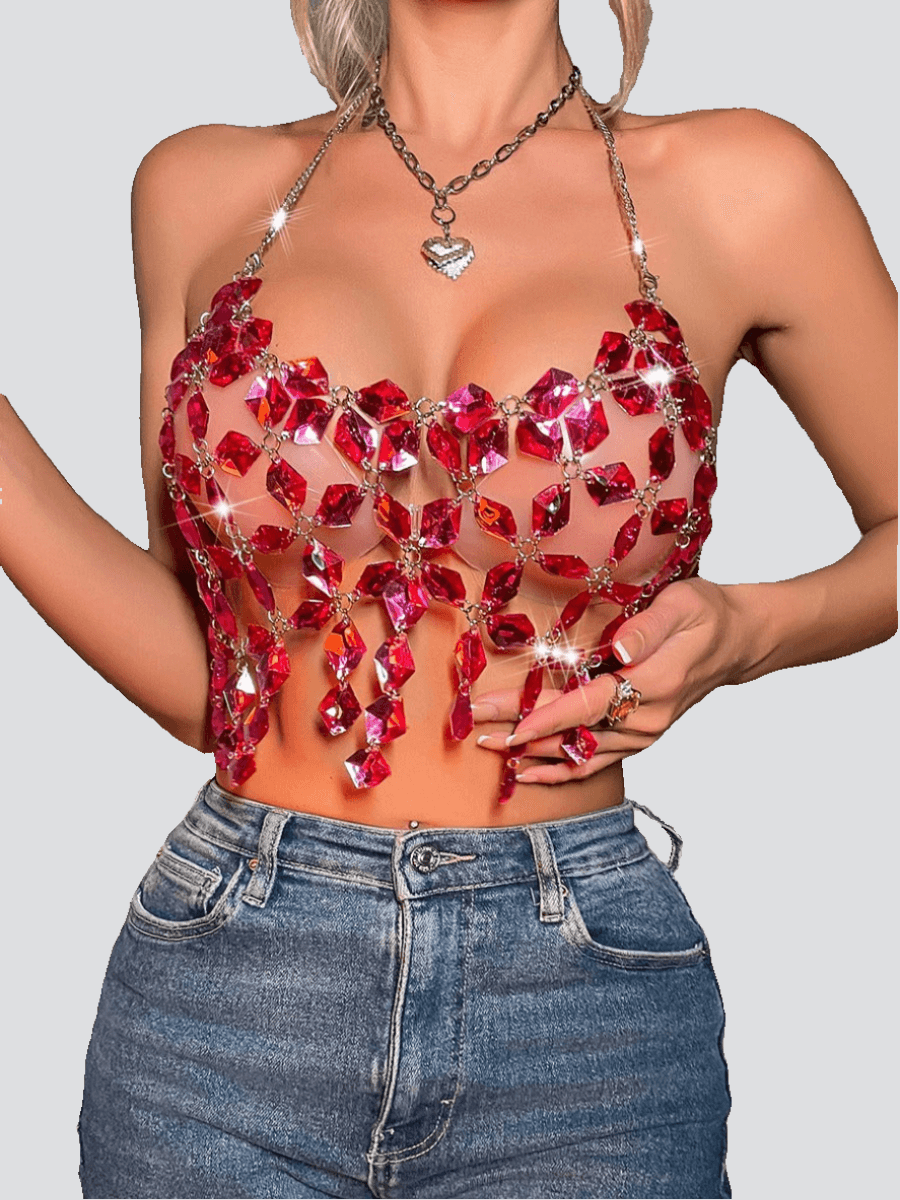 Rhinestone Backless See Through Sexy Top