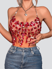 Rhinestone Backless See Through Sexy Top