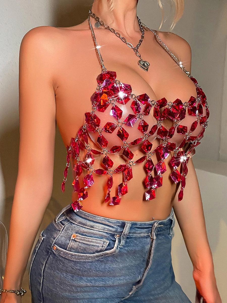 Rhinestone Backless See Through Sexy Top