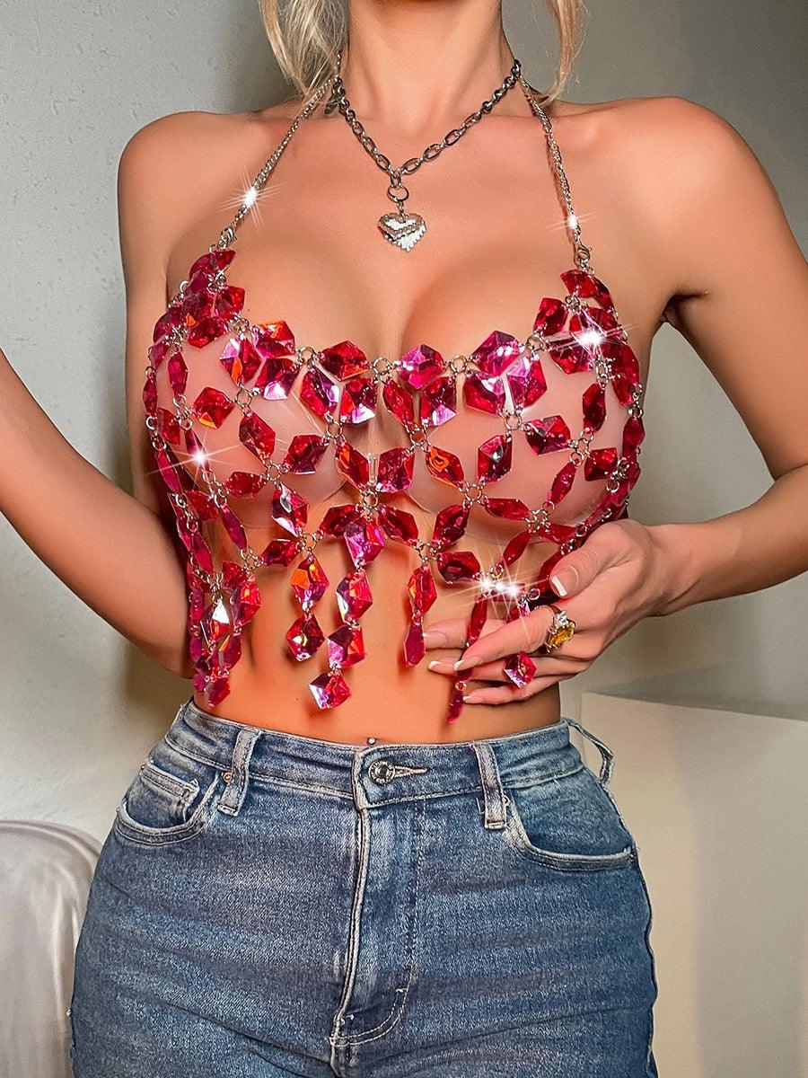 Rhinestone Backless See Through Sexy Top