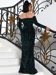 Mesh Panel Bow Detail Emerald Green Sequin Formal Dress