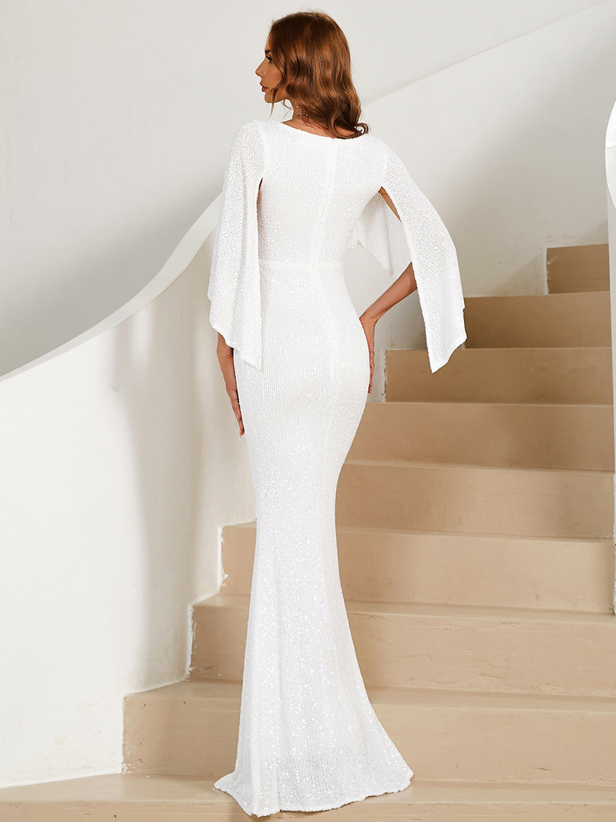 V-Neck Ruffled Sequin Mermaid Wedding Dress