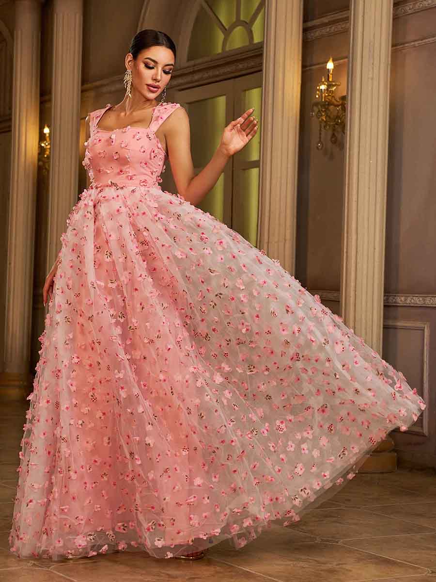 Appliqued Pink Camisole Floral Tulle Dress