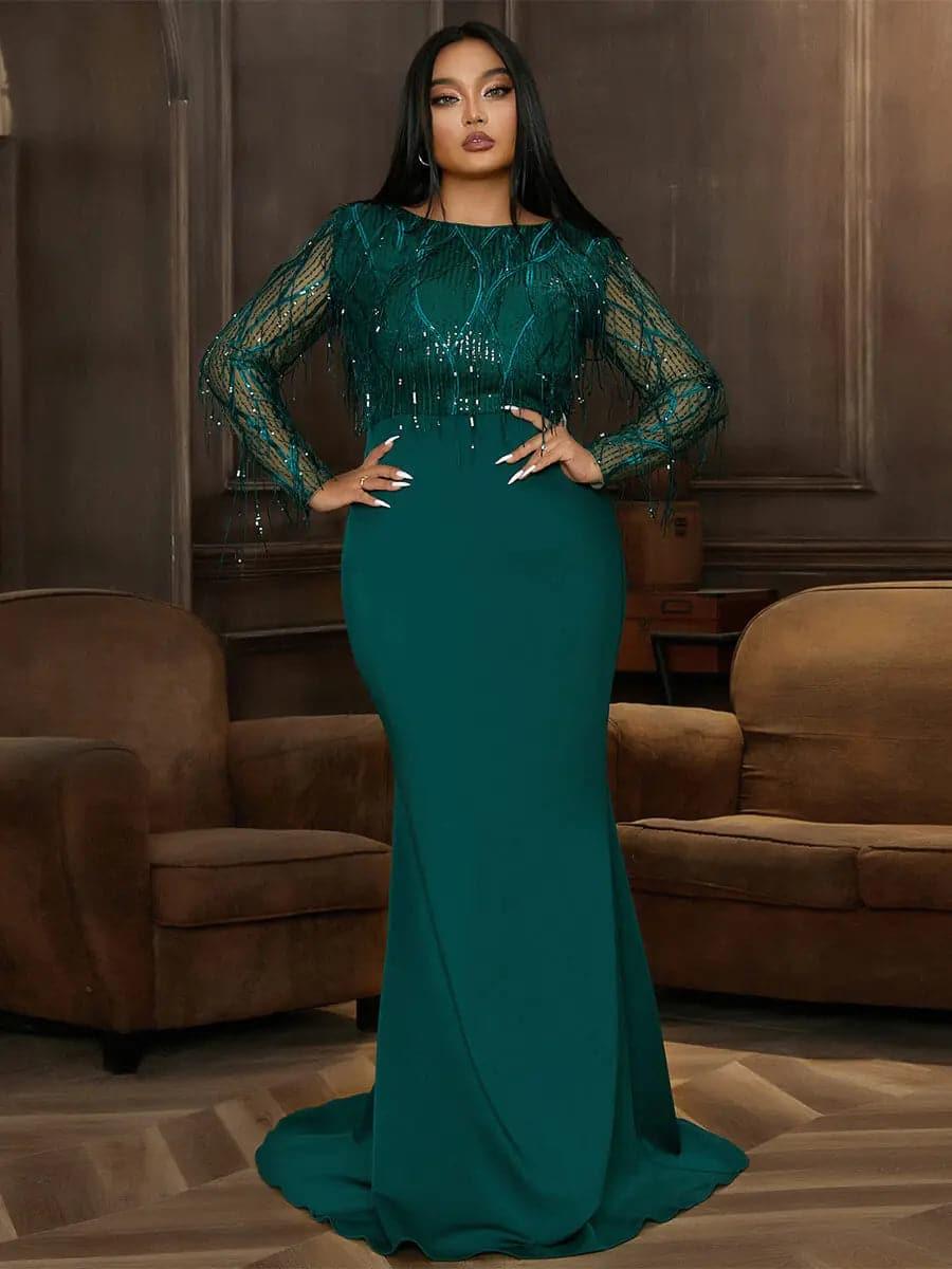 Plus Long Sleeve Fringed Maxi Dress