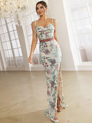 Spaghetti Strap Backless Print Maxi Sleeveless Dress