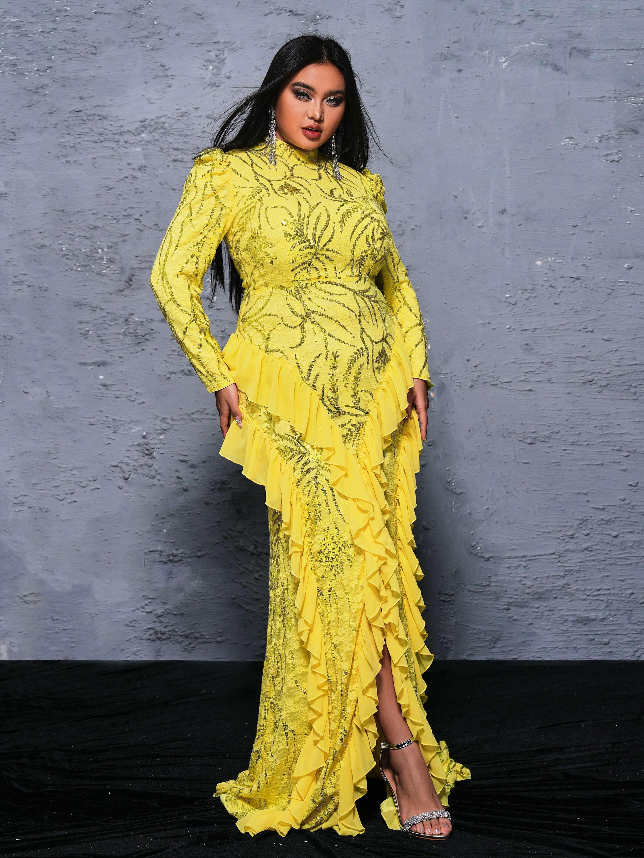 Plus Stand Collar Ruffled Irregular Hem Dress