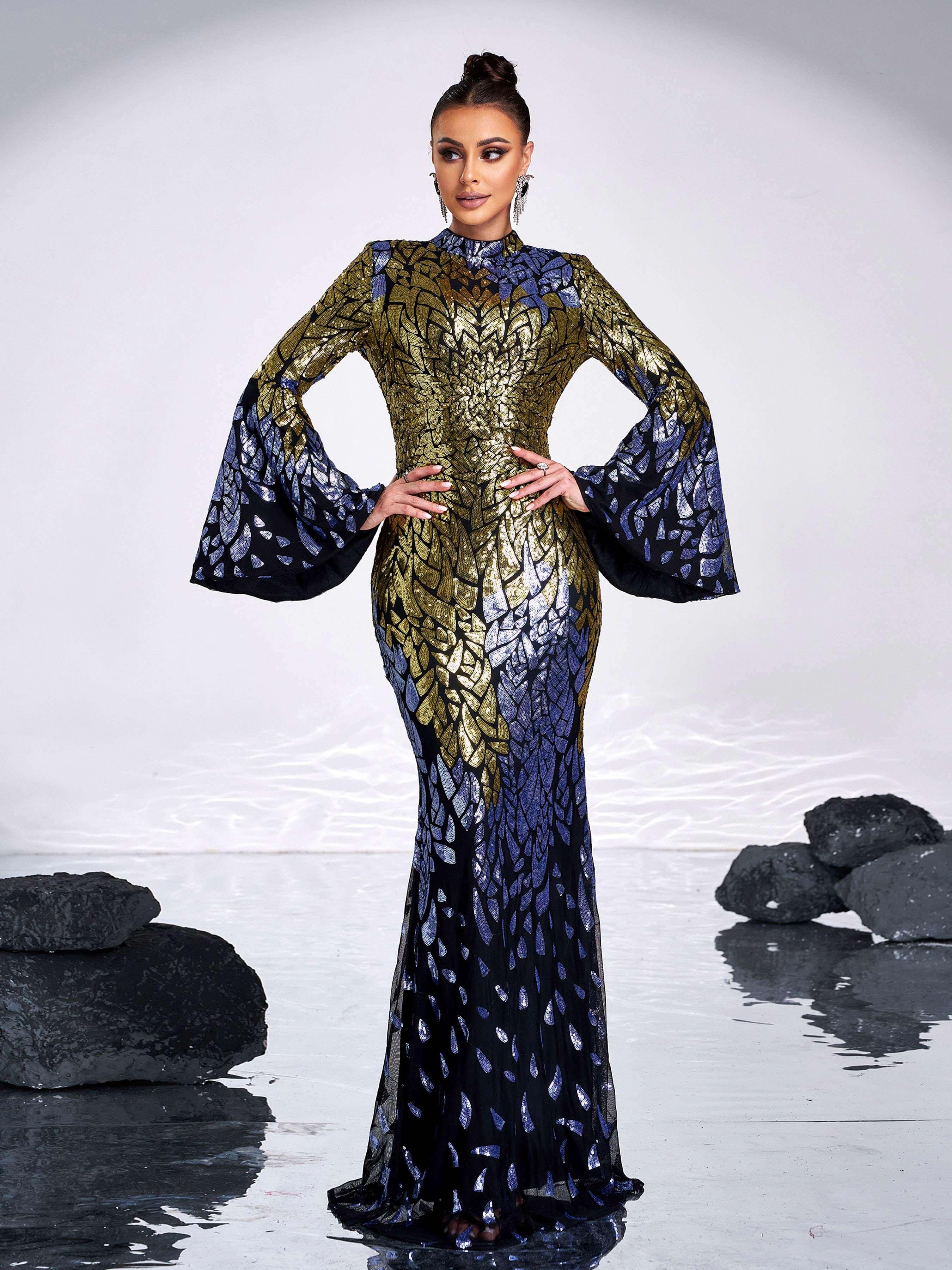 Backless Bell Sleeve Sequin Formal Dress