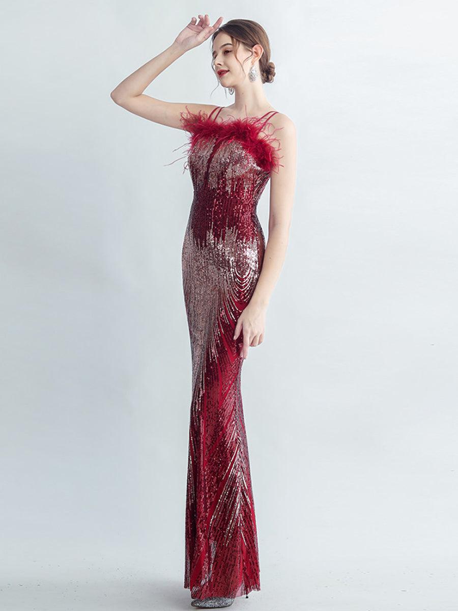 Spaghetti Straps Feather Gradient Sequin Dress