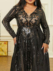 Plus V-neck Long Sleeve Sequin Dress