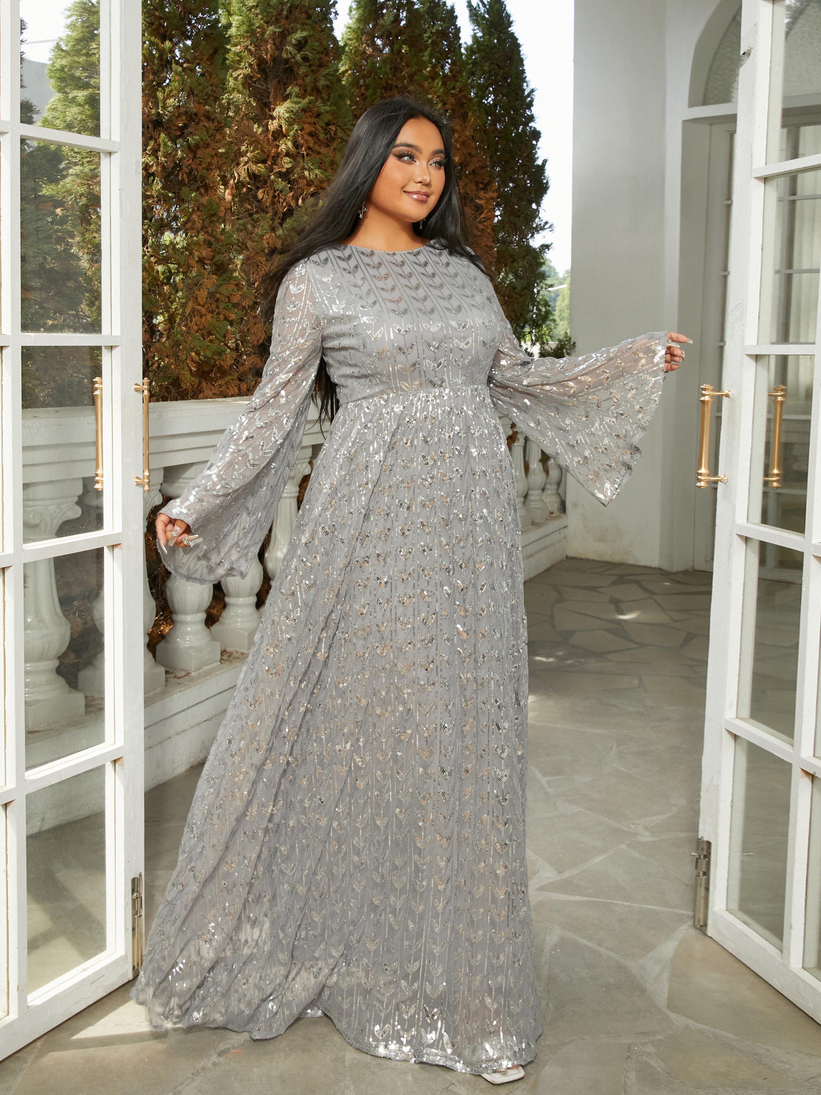 Bell Sleeve Backless Sequin Evening Dress
