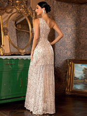 One Shoulder Sequins Maxi Prom Dress