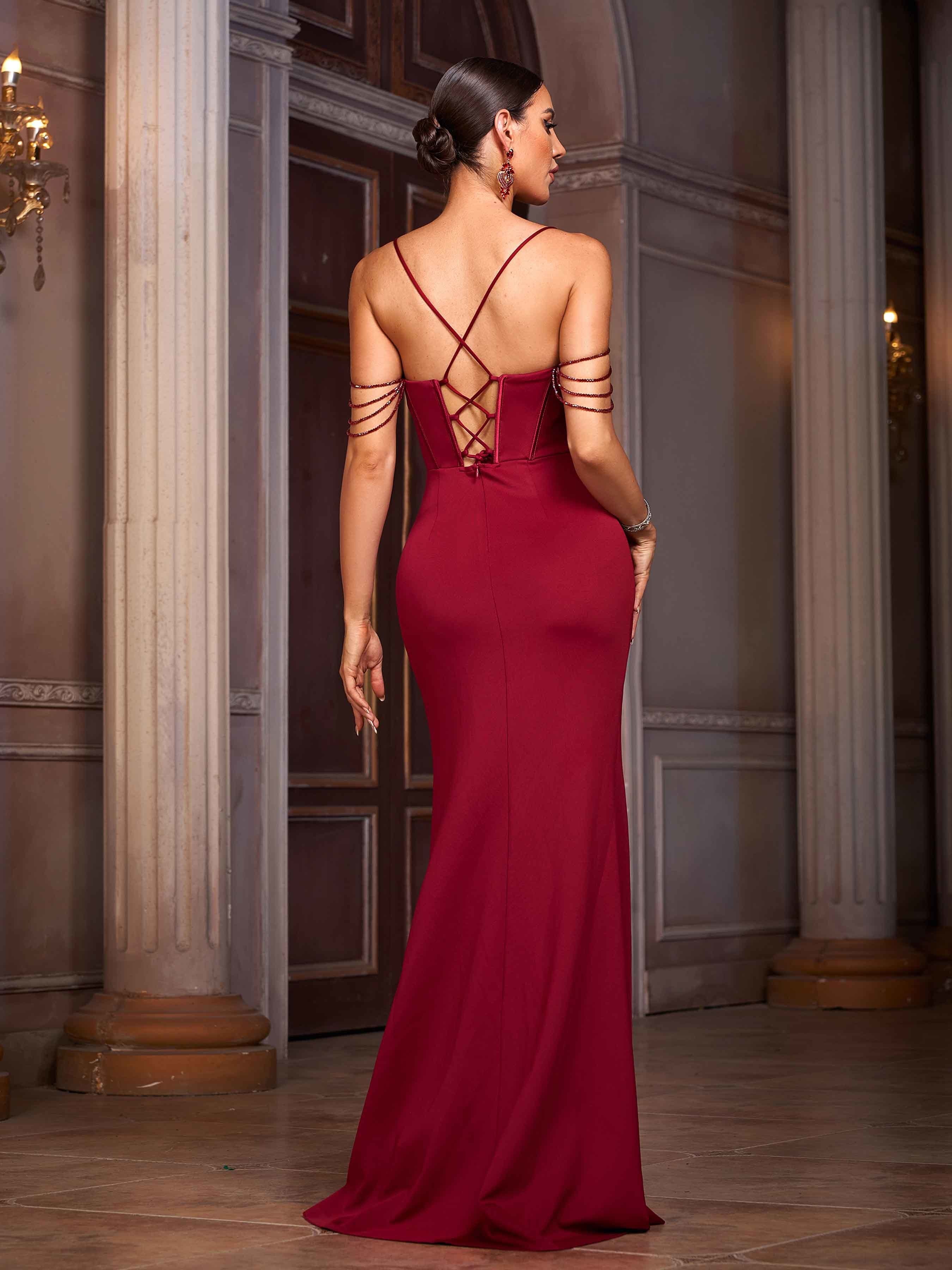 Red Chain Corset Split Sexy Cocktail Dress