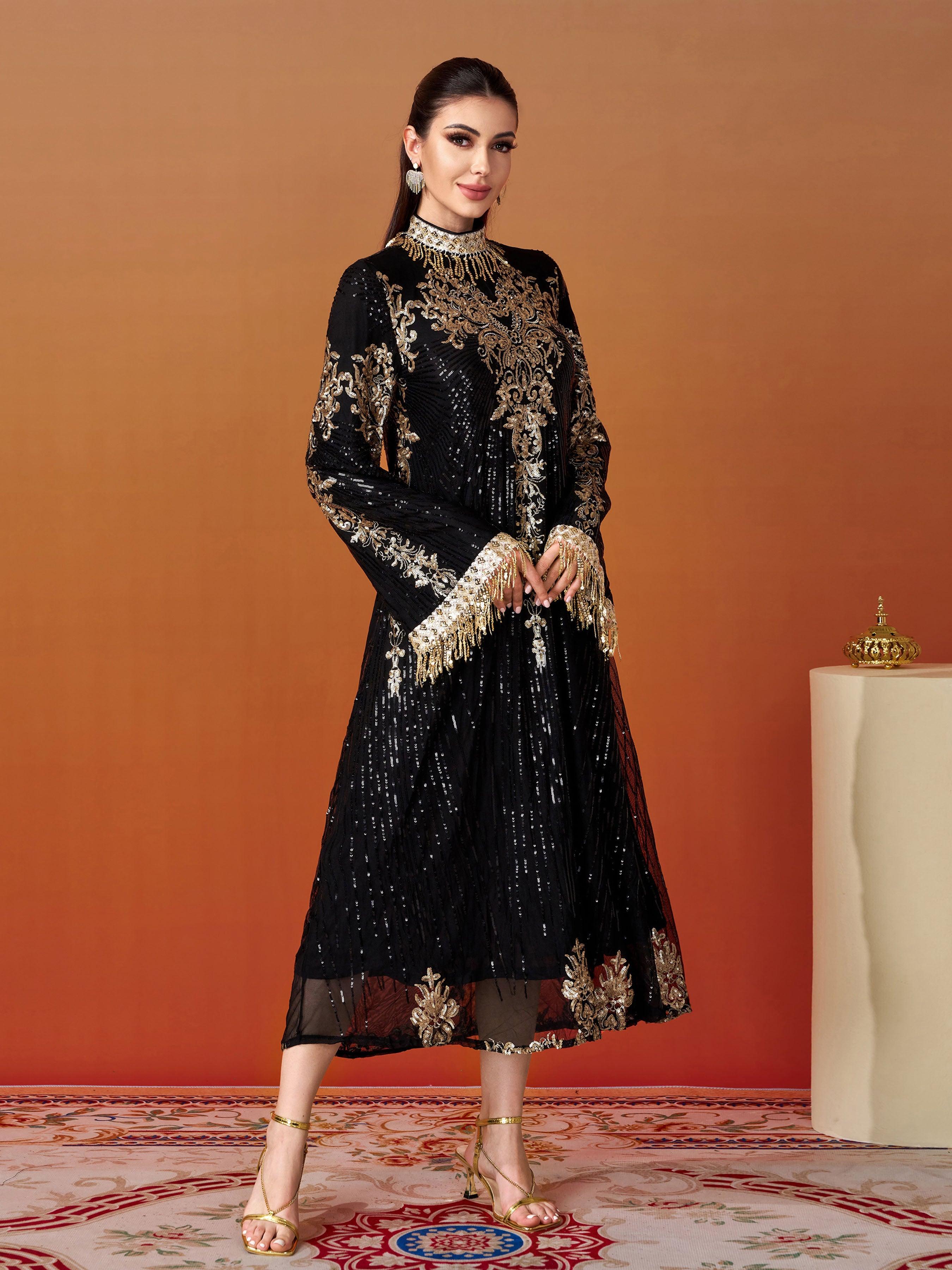 Stand Collar Bell Sleeve Sequin Dress