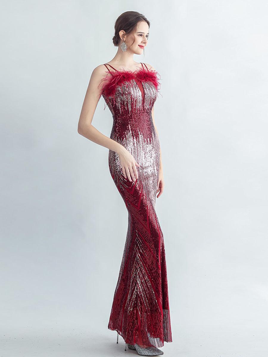 Spaghetti Straps Feather Gradient Sequin Dress