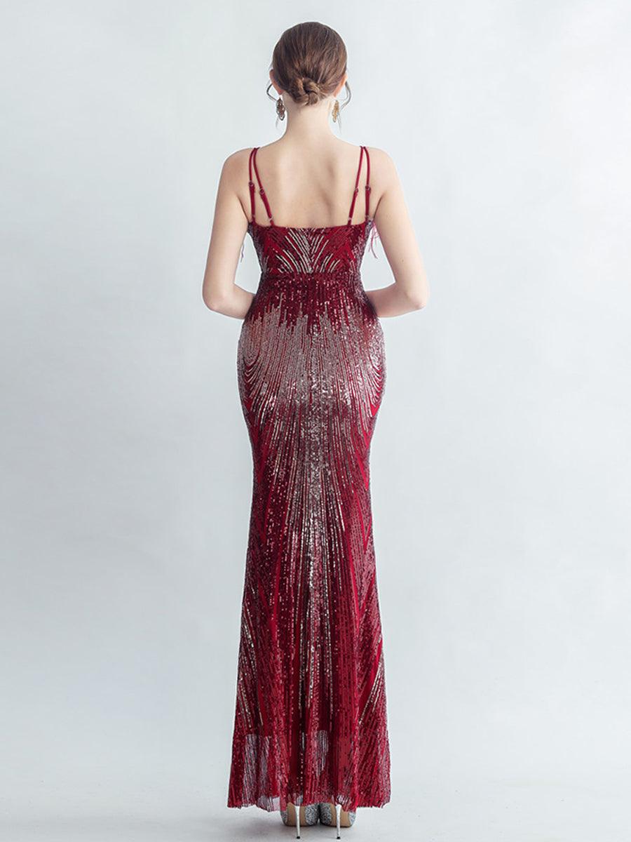 Spaghetti Straps Feather Gradient Sequin Dress