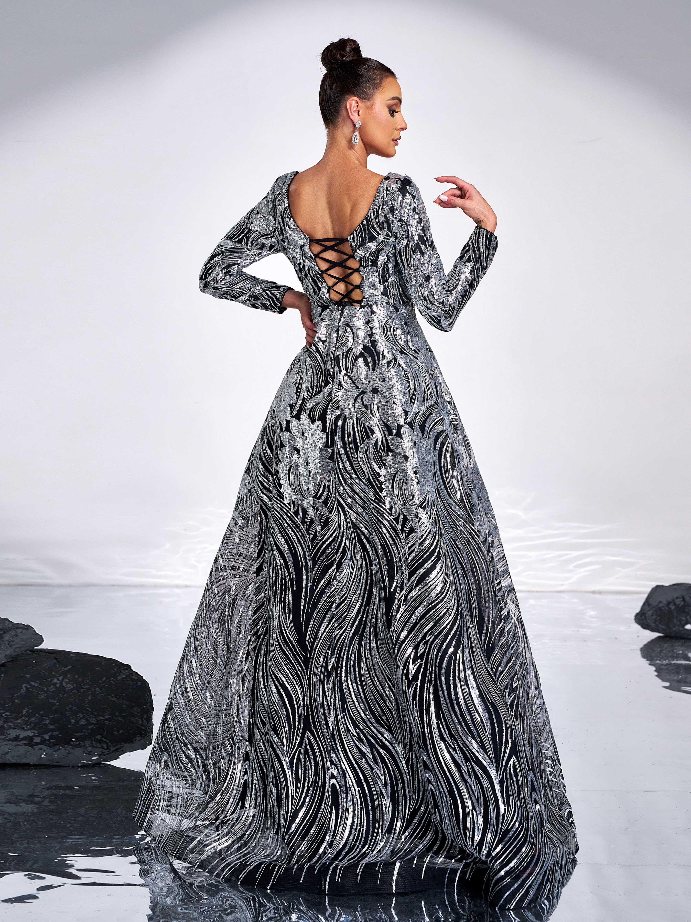Black Panel A-line Sequin Evening Dress