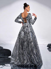 Black Panel A-line Sequin Evening Dress