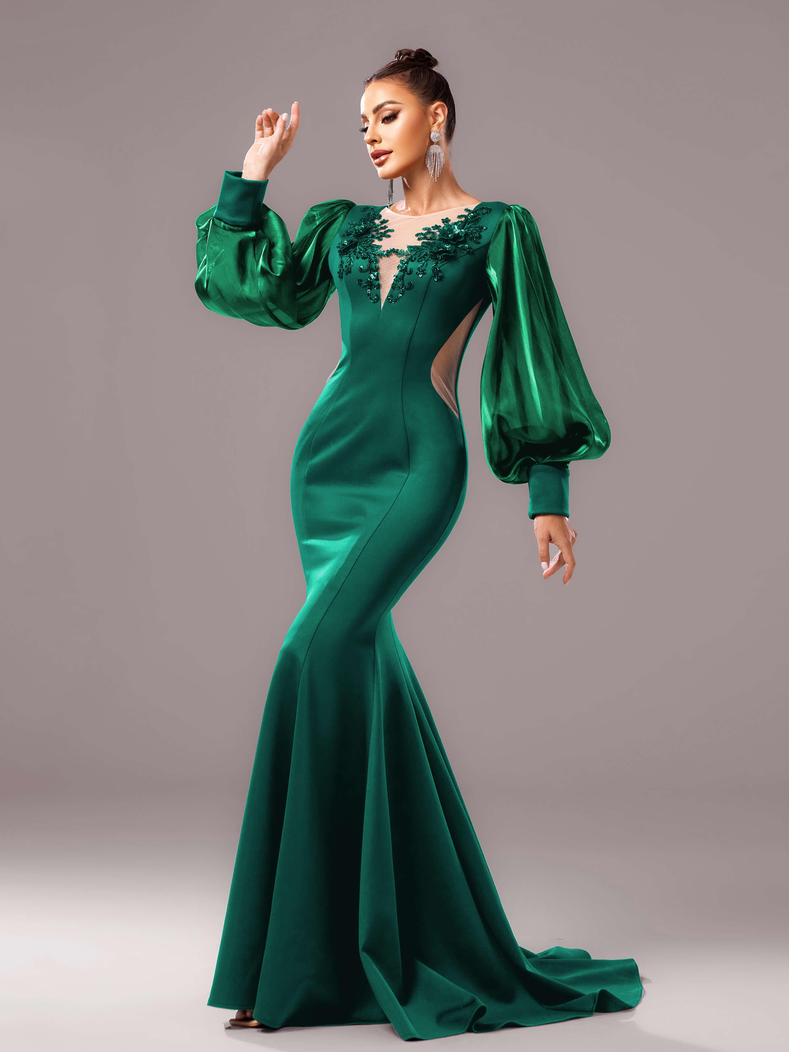 Black Embroidery Floor Length Puff Sleeve Dress
