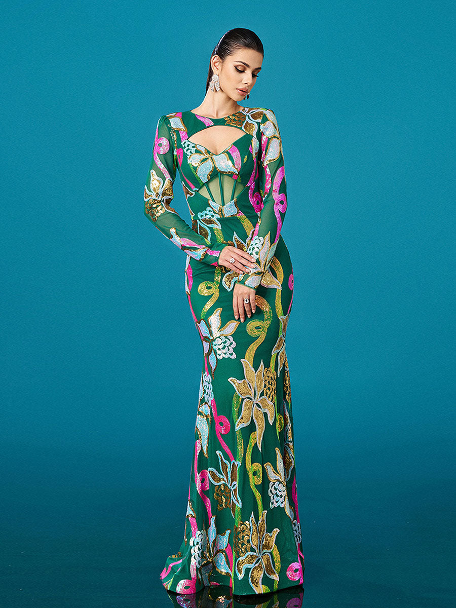 Long Sleeve Corset Cutout Floral Evening Dress