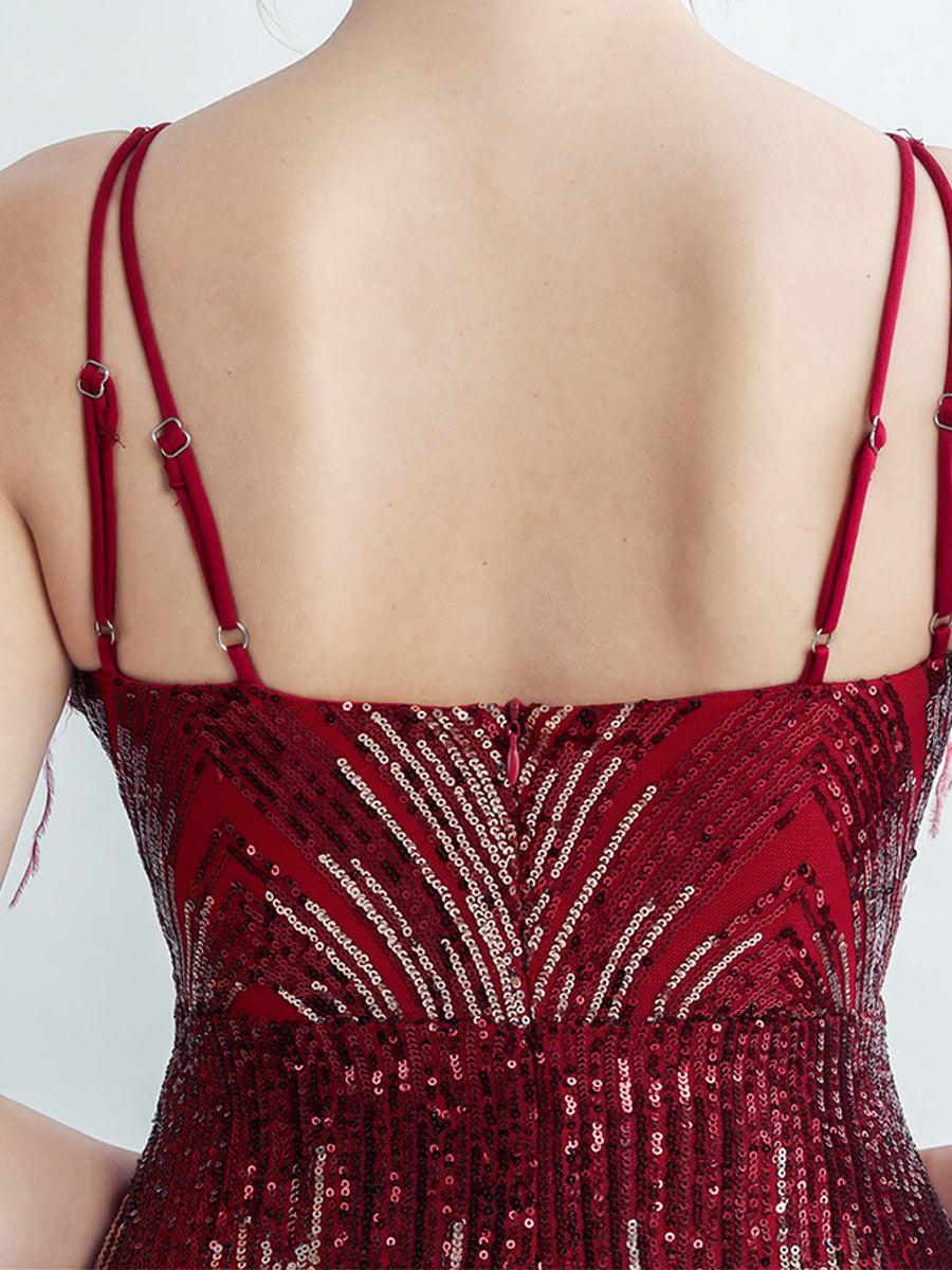 Spaghetti Straps Feather Gradient Sequin Dress