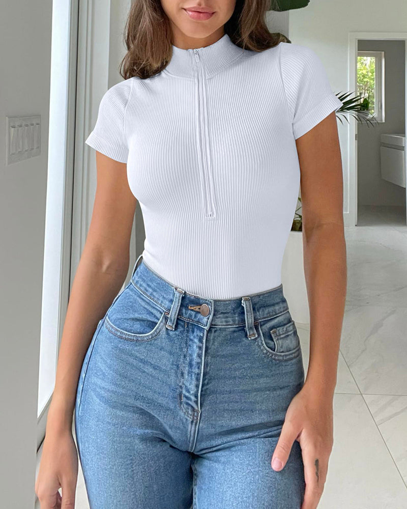 One-piece Short-sleeved Front-zip Briefs Jumpsuit