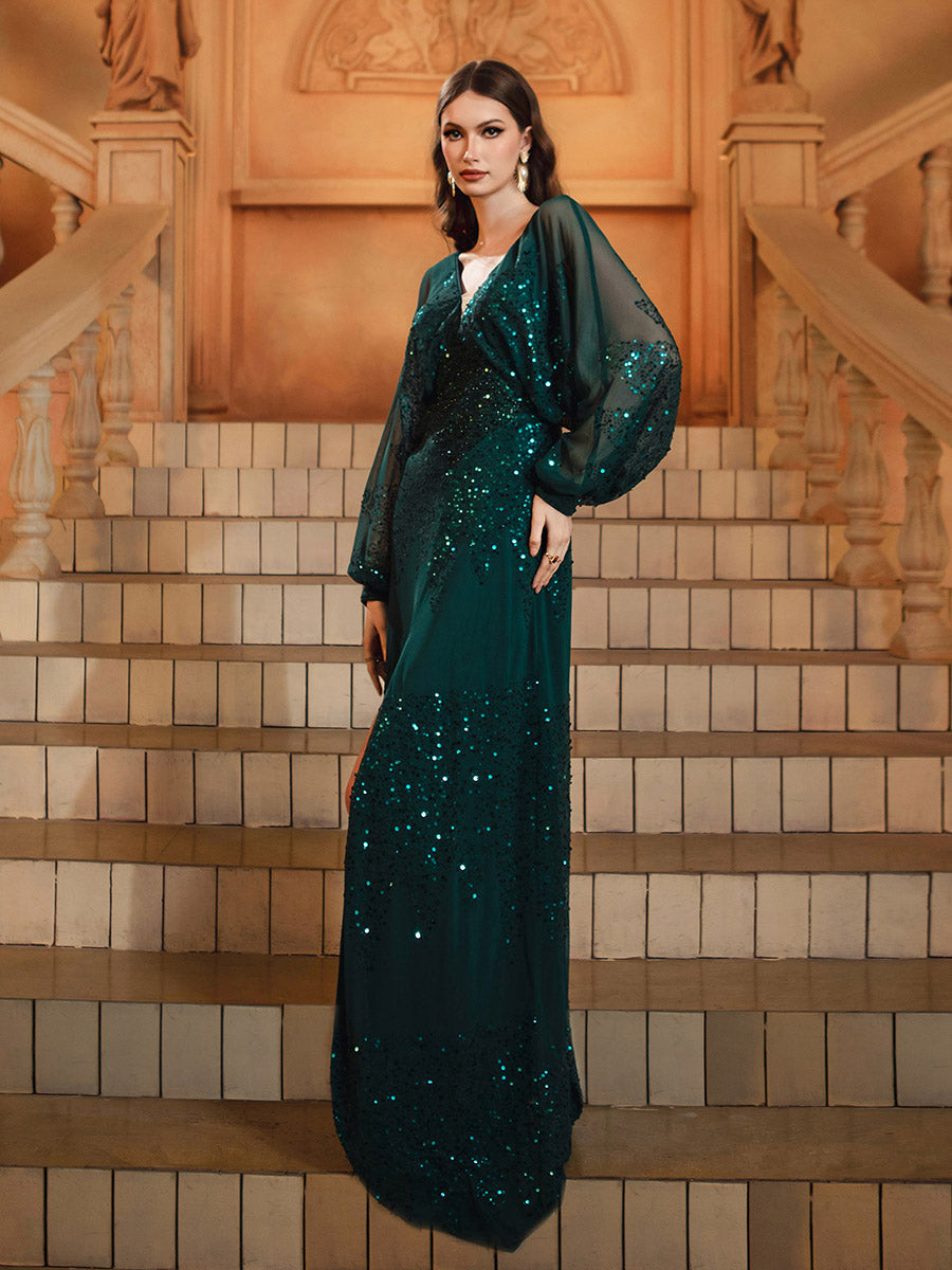 Lantern Sleeve V-Neck High Split Black Prom Dress
