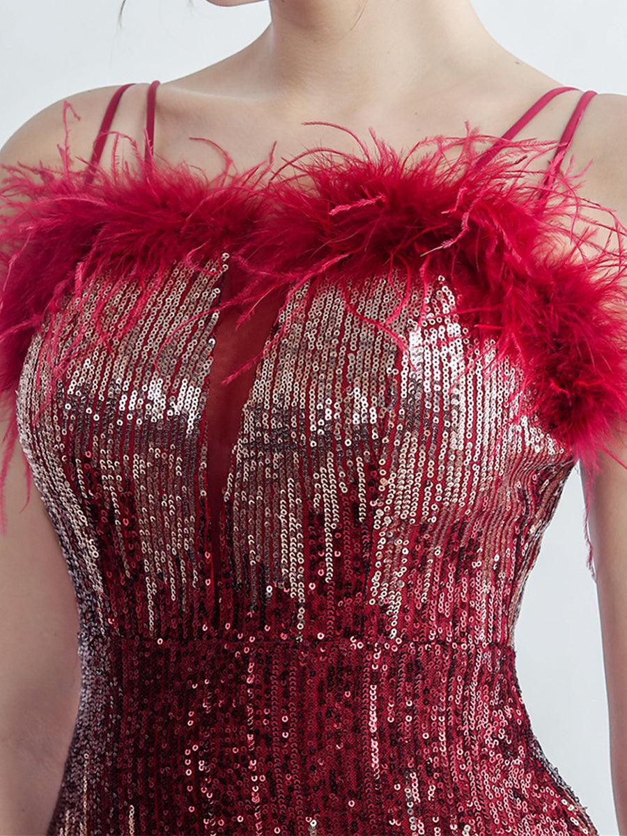 Spaghetti Straps Feather Gradient Sequin Dress