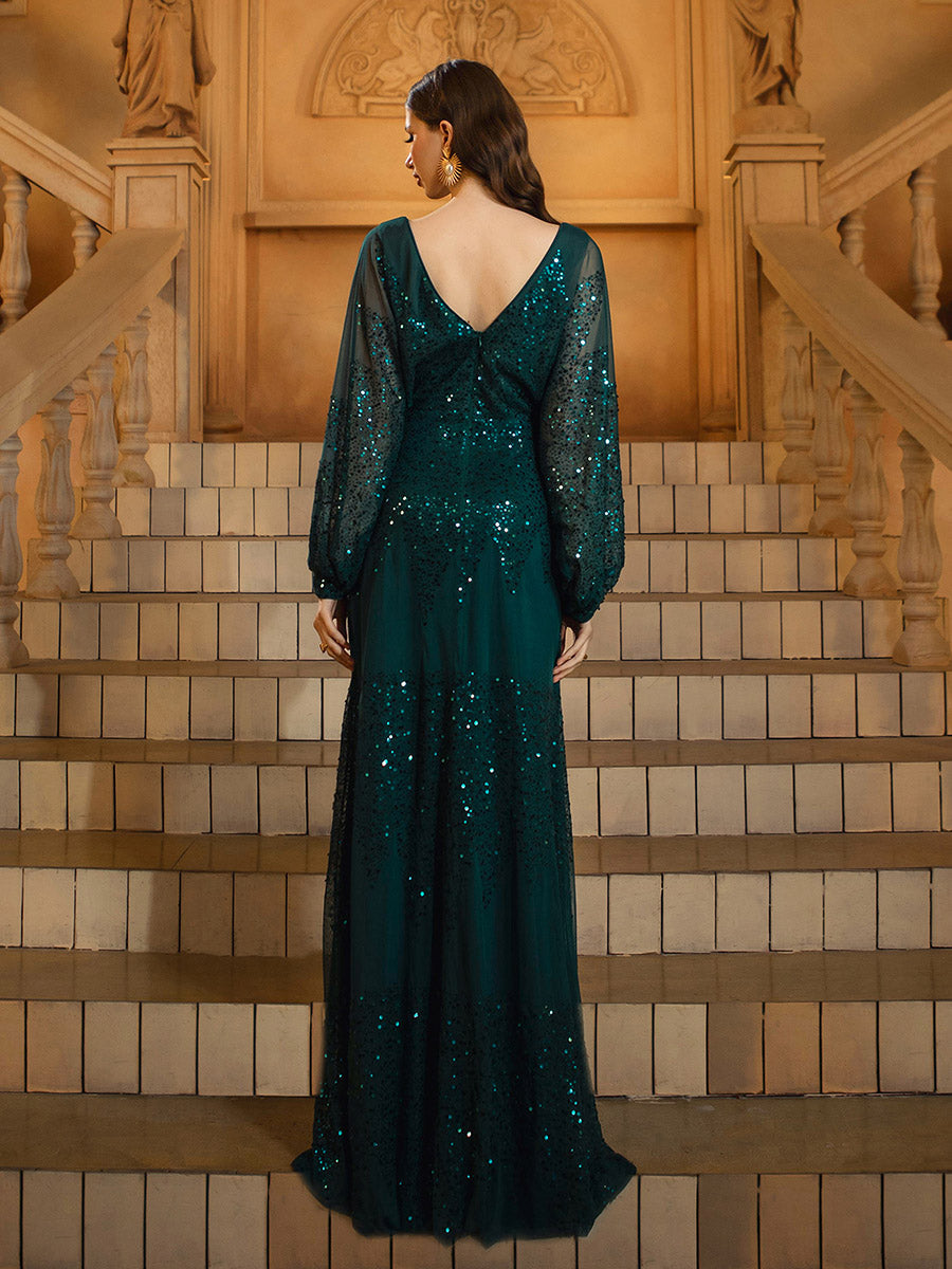 Lantern Sleeve V-Neck High Split Black Prom Dress