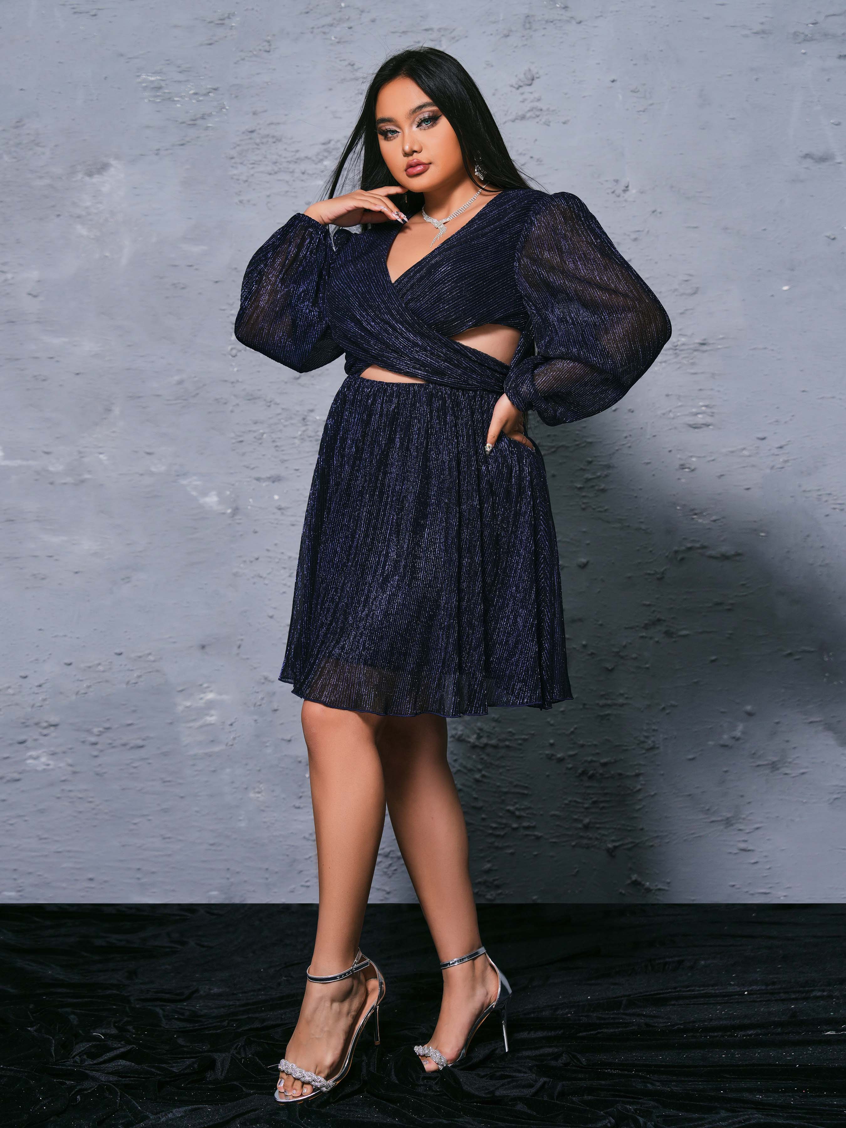 Plus Cutout V-neck Pleated Mini Dress