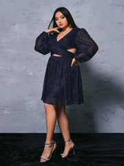 Plus Cutout V-neck Pleated Mini Dress