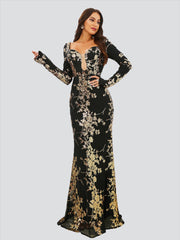 Open Back Long Sleeve Mermaid Black Dress