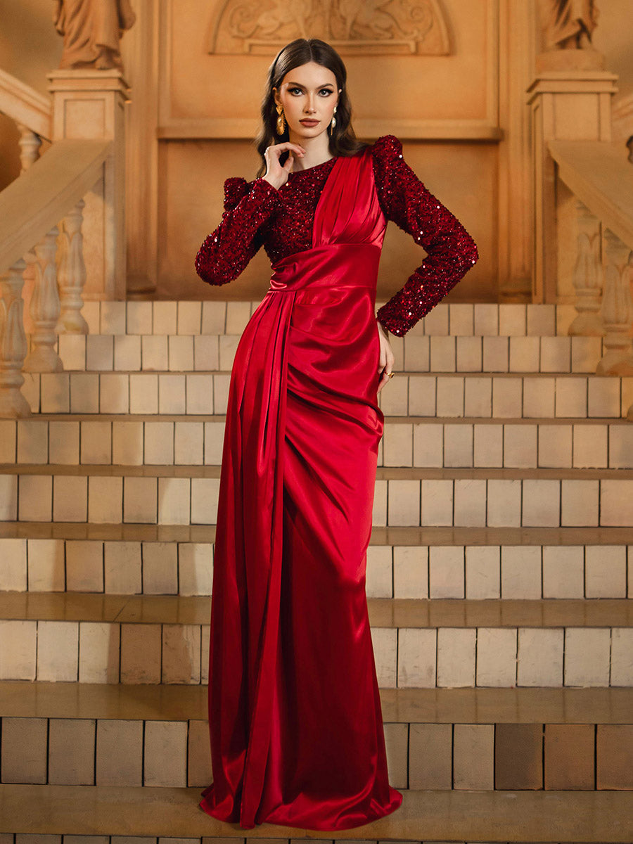 Red Panel Split Ruched Long Sleeve Prom Dress