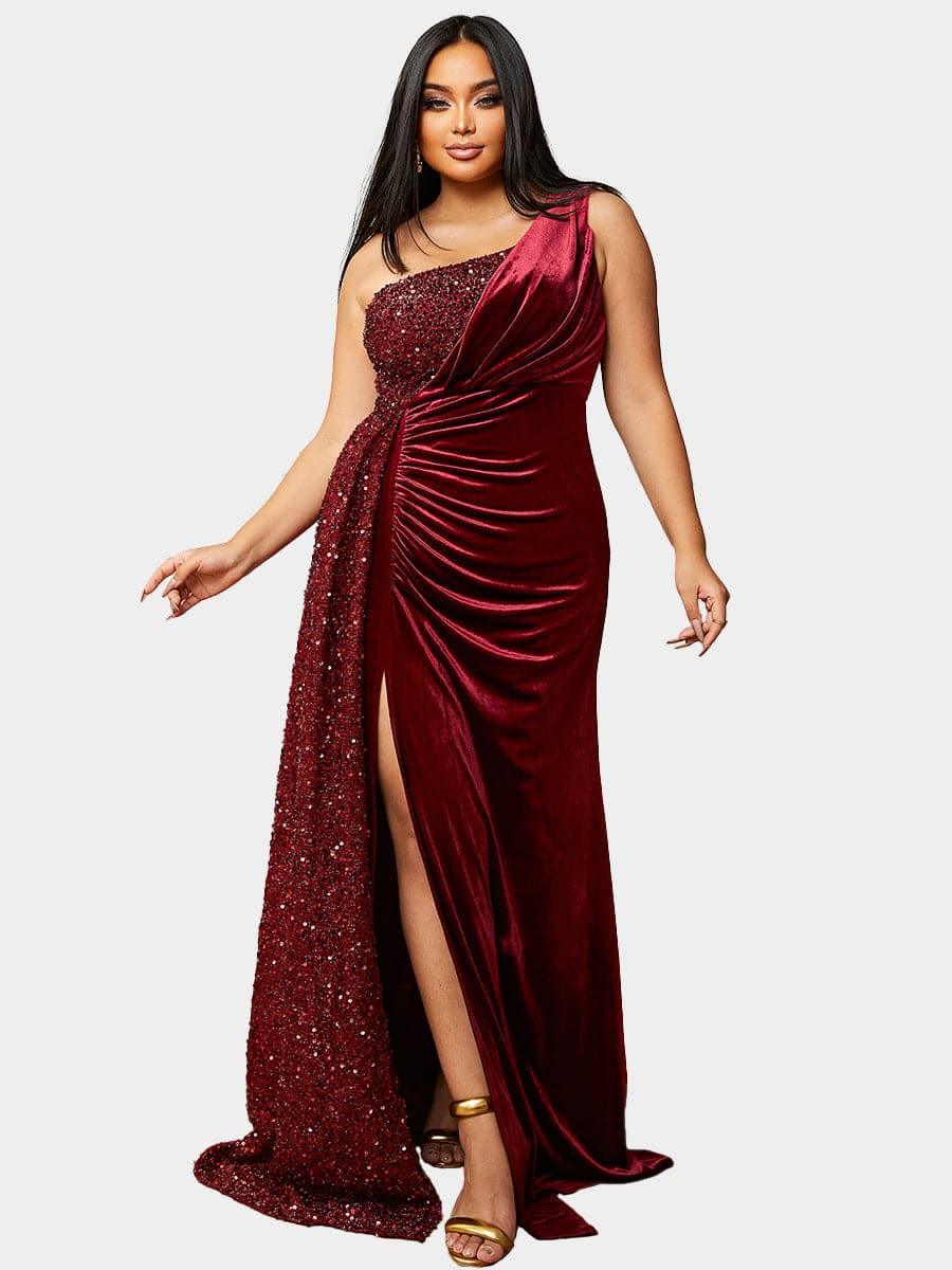 Plus Size One Shoulder Draped Sequin Burgundy Prom Dress