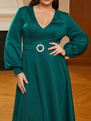Plus Size V-neck A-line Belt Green Wedding Guest Dress
