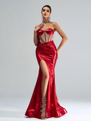 Red Panel Corset Satin Ruched Prom Dress